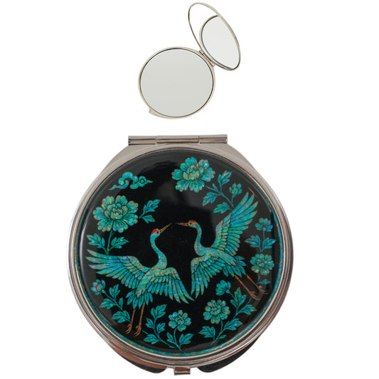 Compact mirror with twin cranes and peonies on black lacquer mother-of-pearl design