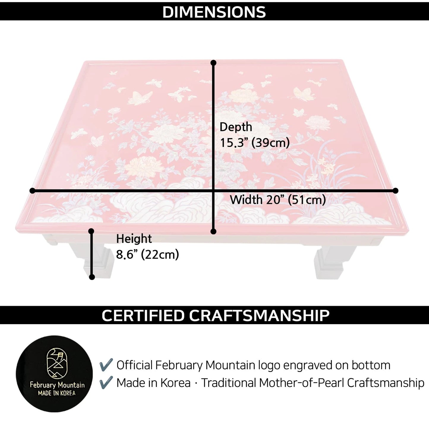 Compact rectangular Korean mother-of-pearl inlay coffee table with floral design, dimensions 20 W x 15.3 D x 8.6 H inches (51 x 