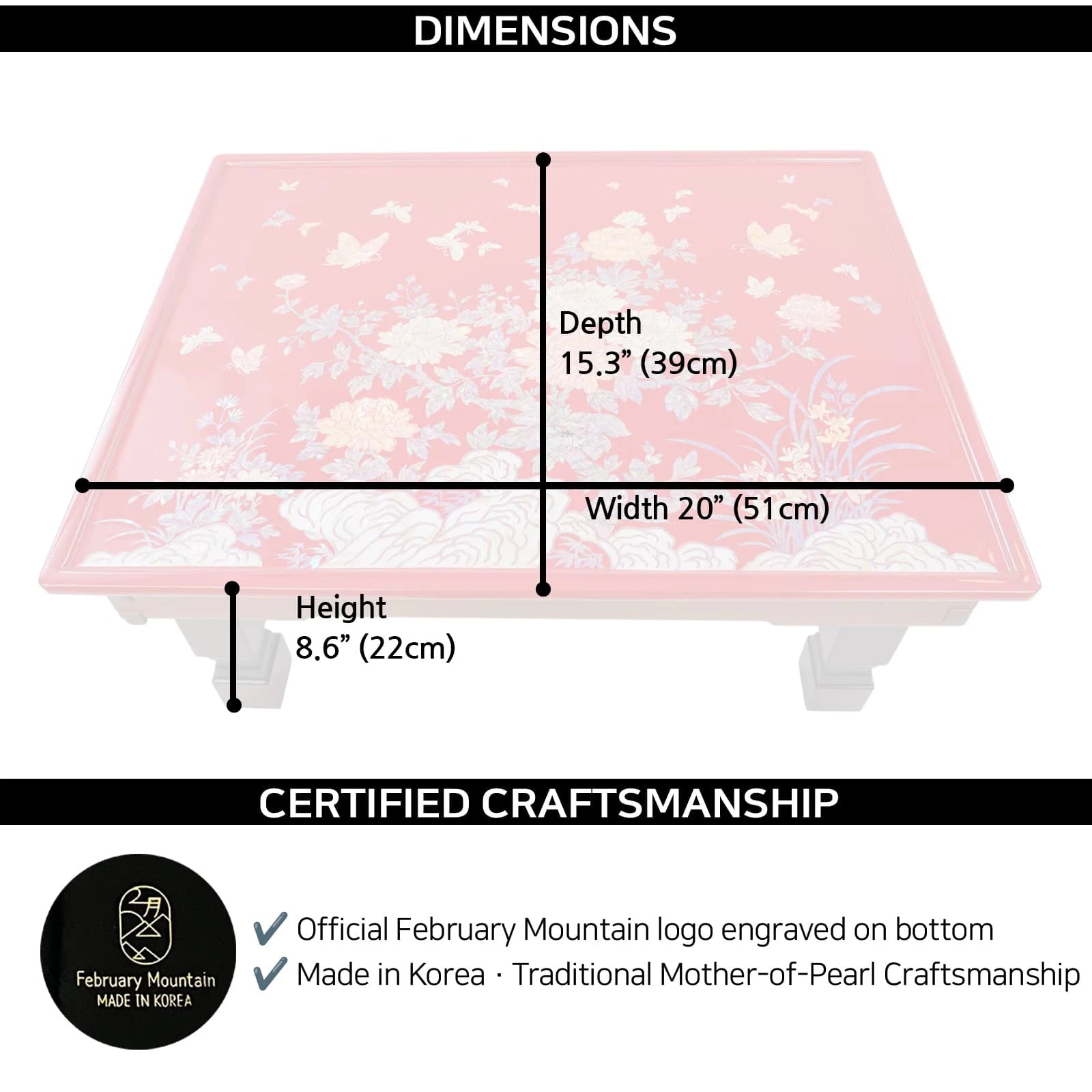 Compact rectangular Korean mother-of-pearl inlay coffee table with floral design, dimensions 20 W x 15.3 D x 8.6 H inches (51 x 