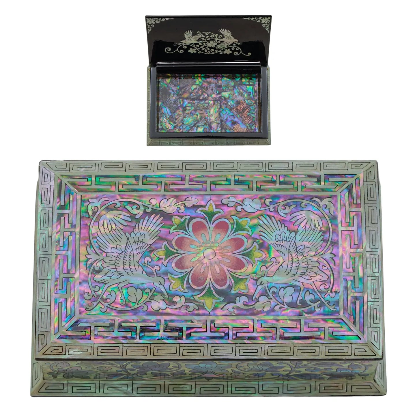 Comparison of open and closed lacquer box showing crane and peony inlay design