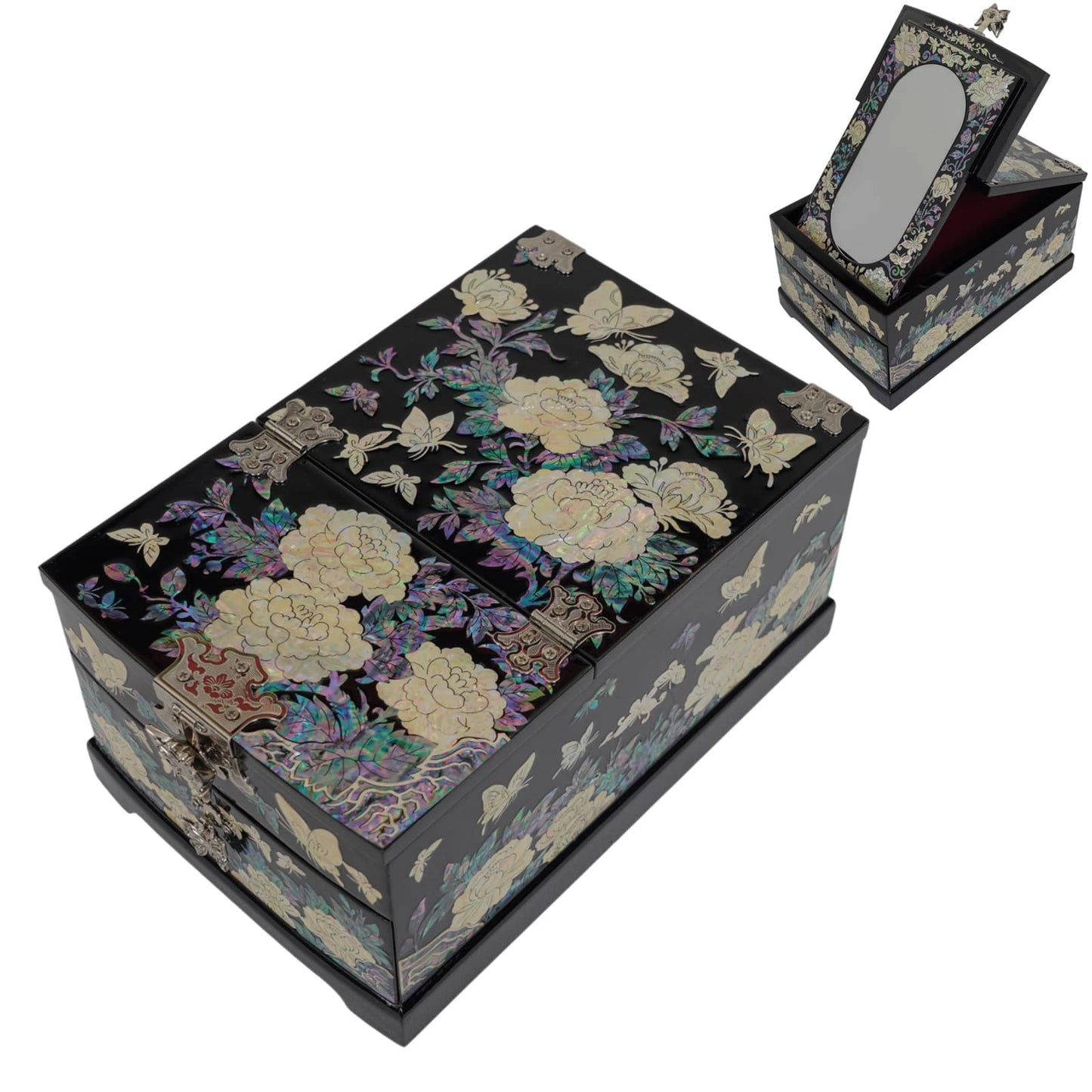 Comparison view of black lacquer jewelry box open with mirror and closed position, mother of pearl inlay decorative design