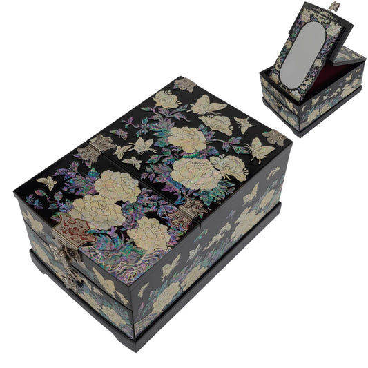 Comparison view of black lacquer jewelry box open with mirror and closed position, mother of pearl inlay decorative design