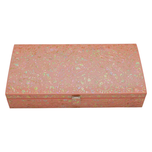 Coral jewelry box top view showing intricate floral inlay