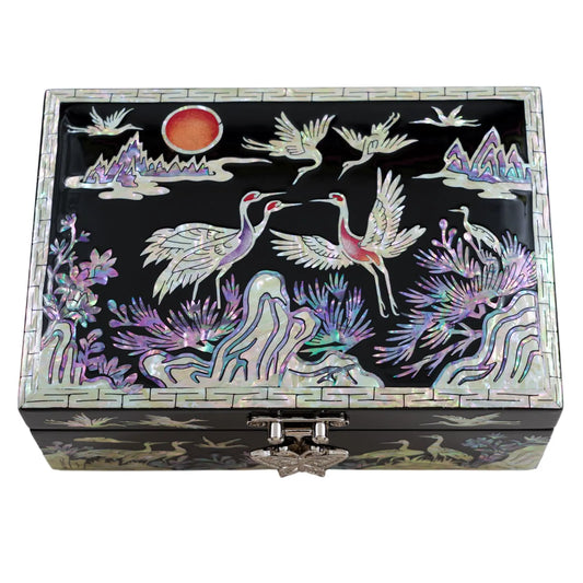 Crane couple and red sun design on glossy mother-of-pearl black jewelry box