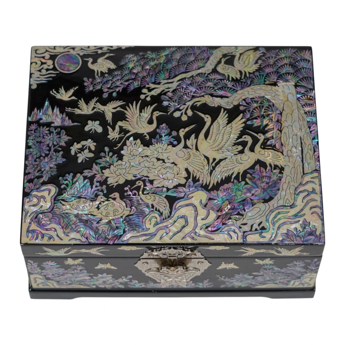 Crane mother of pearl jewelry box, black lacquer with butterfly clasp, inset showing open interior