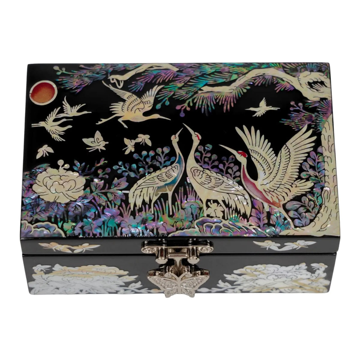 Crane mother of pearl jewelry box, black lacquer with cranes, pine and red sun, inset showing interior