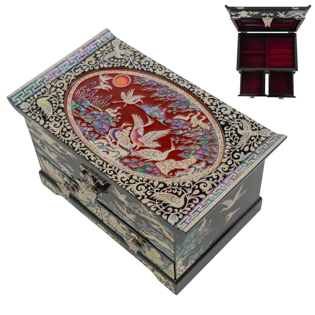 Crane mother of pearl jewelry box, red oval crane and pine inlay, 2 drawers, inset showing interior