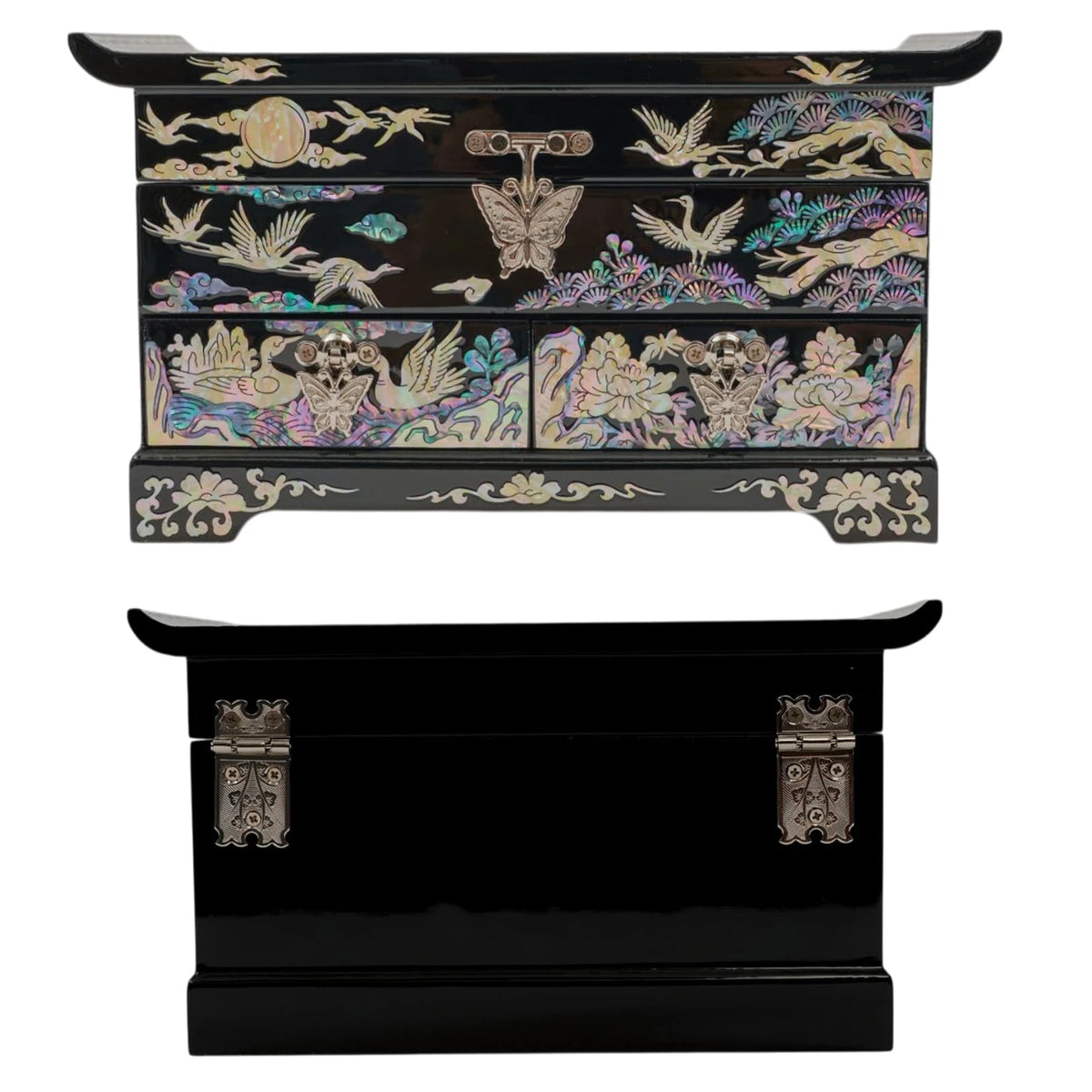 Crane mother of pearl jewelry box front and back view, 2 drawers with butterfly pulls and hinges