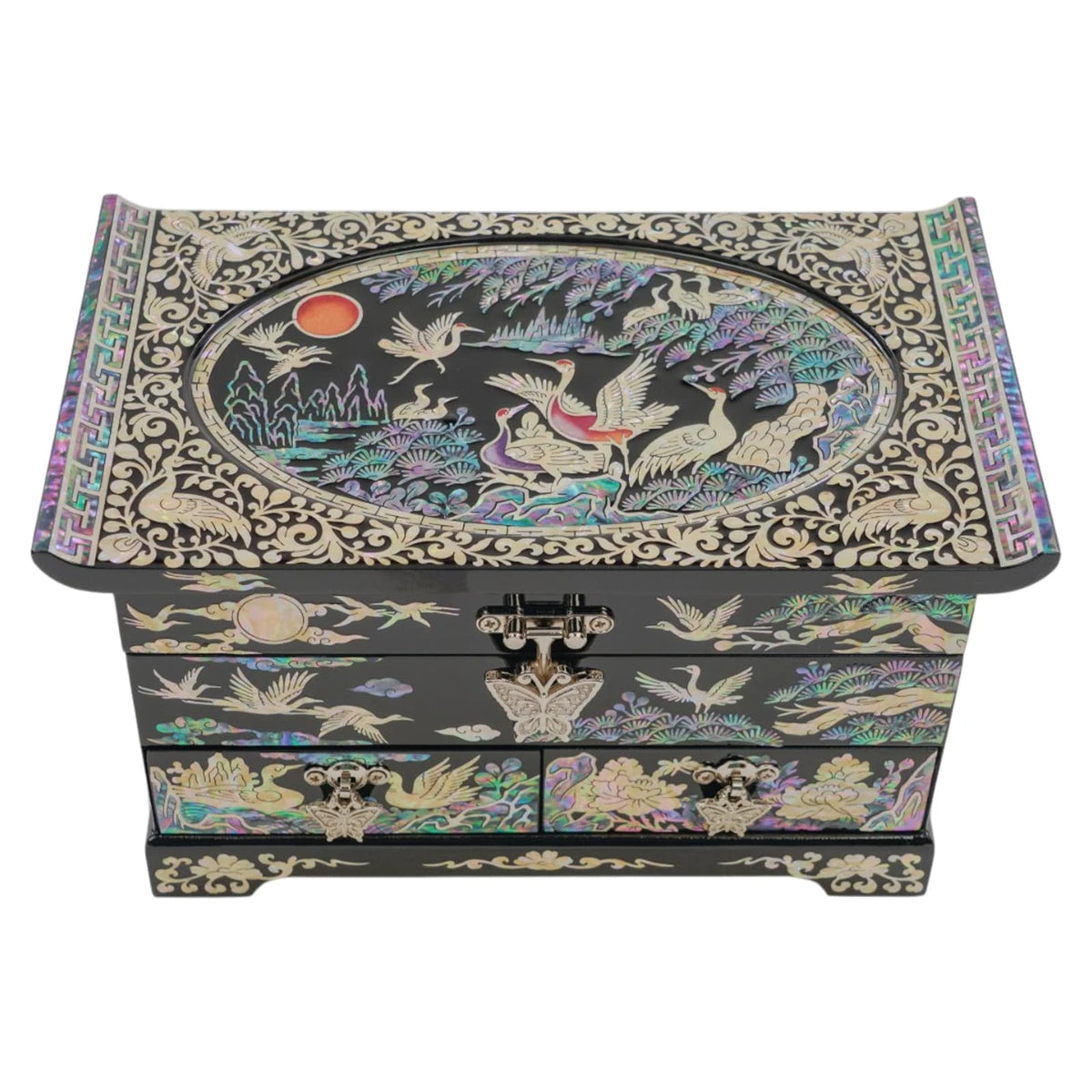 Crane mother of pearl jewelry box front view, oval red sun and crane inlay with scroll border