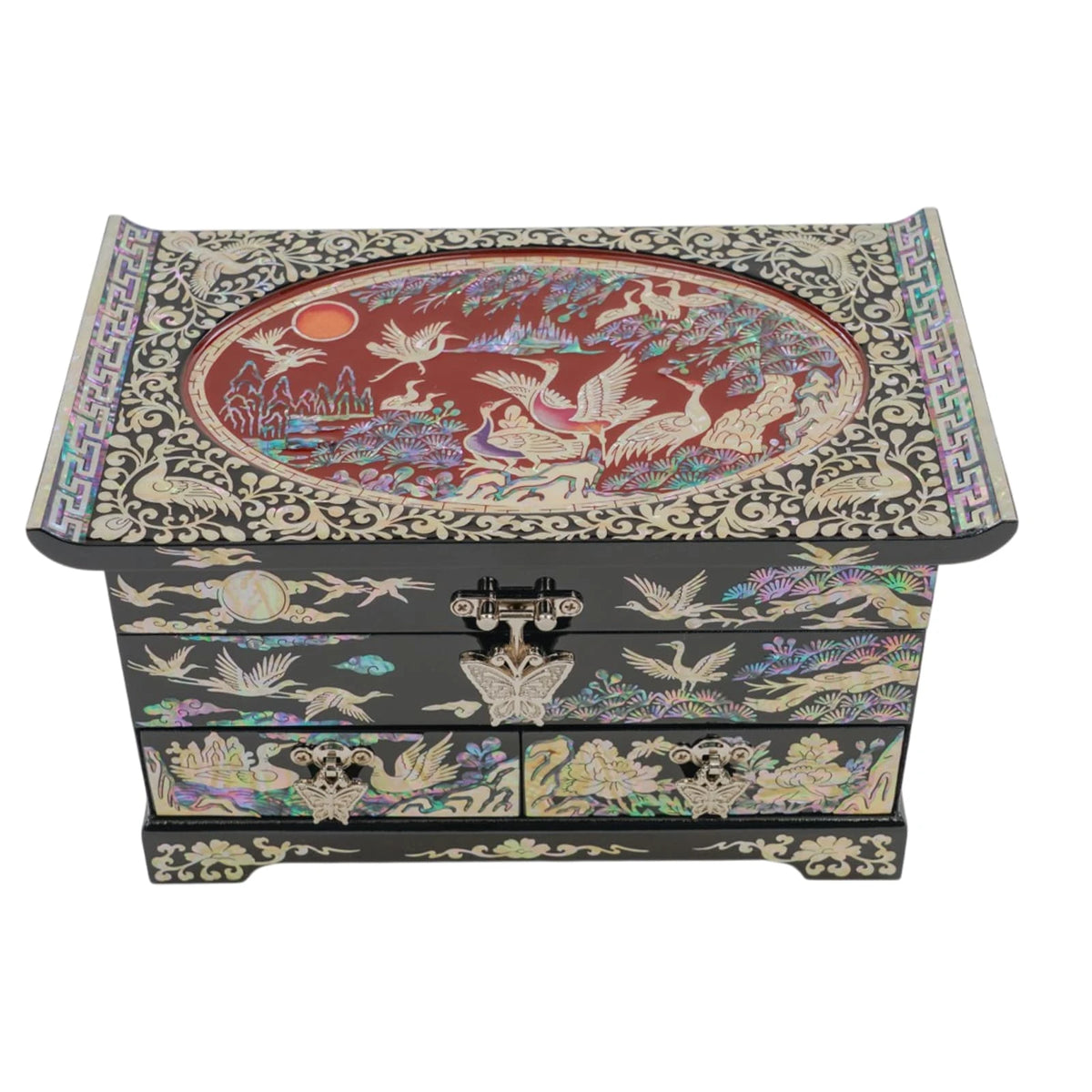 Crane mother of pearl jewelry box front view, red oval crane and pine inlay, 2 drawers, pagoda lid