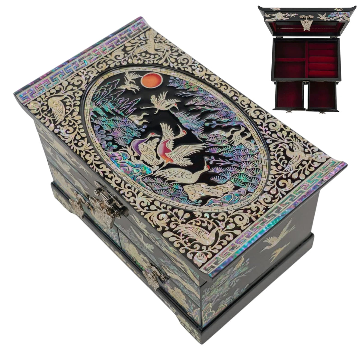 Crane mother of pearl jewelry box with 2 drawers, oval crane and pine inlay, inset showing interior