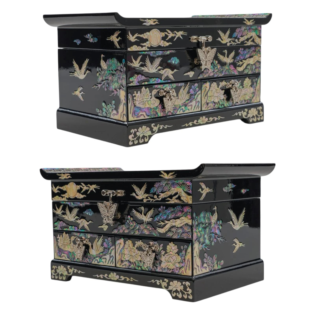 Crane mother of pearl jewelry box with 2 drawers, side views of pagoda-style lid and butterfly pulls