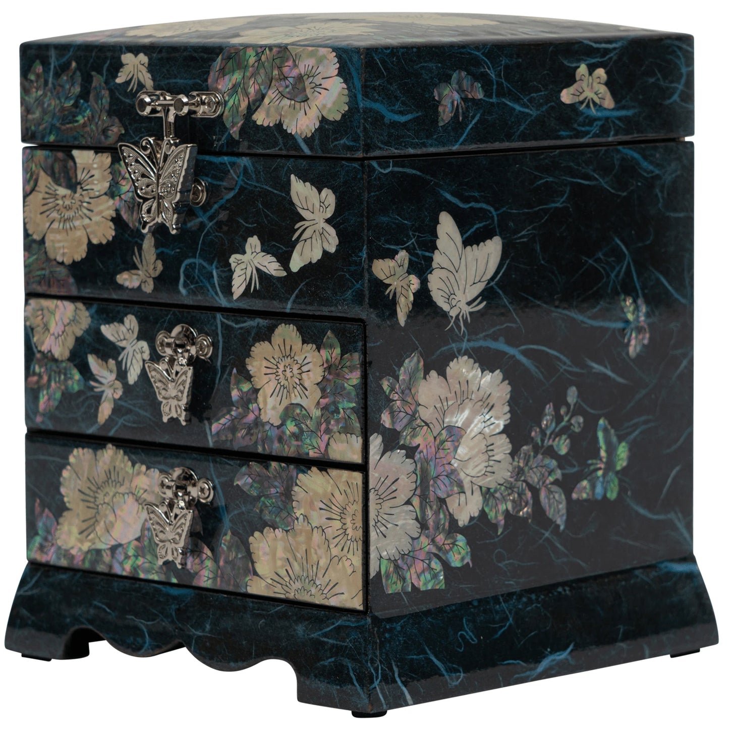 Decorative blue lacquer jewelry box with fine seashell inlay. High-quality handmade storage with three drawers and ornate metallic butterfly hinges.