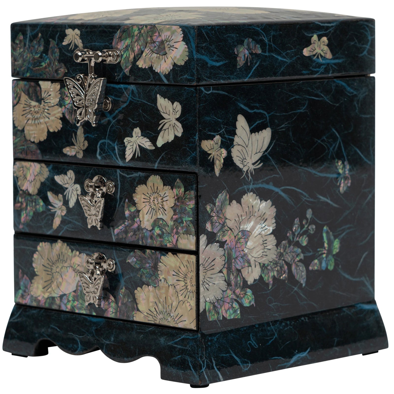 Decorative blue lacquer jewelry box with fine seashell inlay. High-quality handmade storage with three drawers and ornate metallic butterfly hinges.