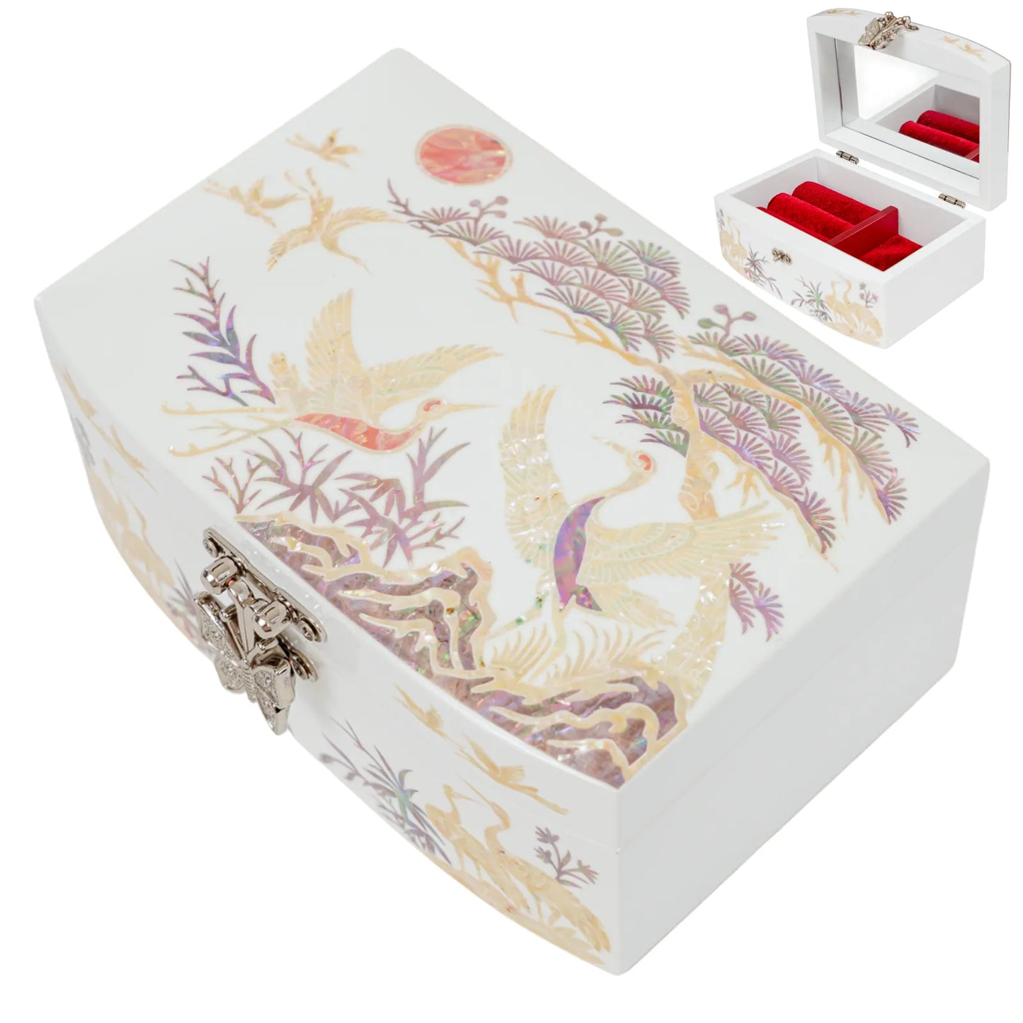 Decorative lacquer box with crane and pine tree design, butterfly clasp, red interior