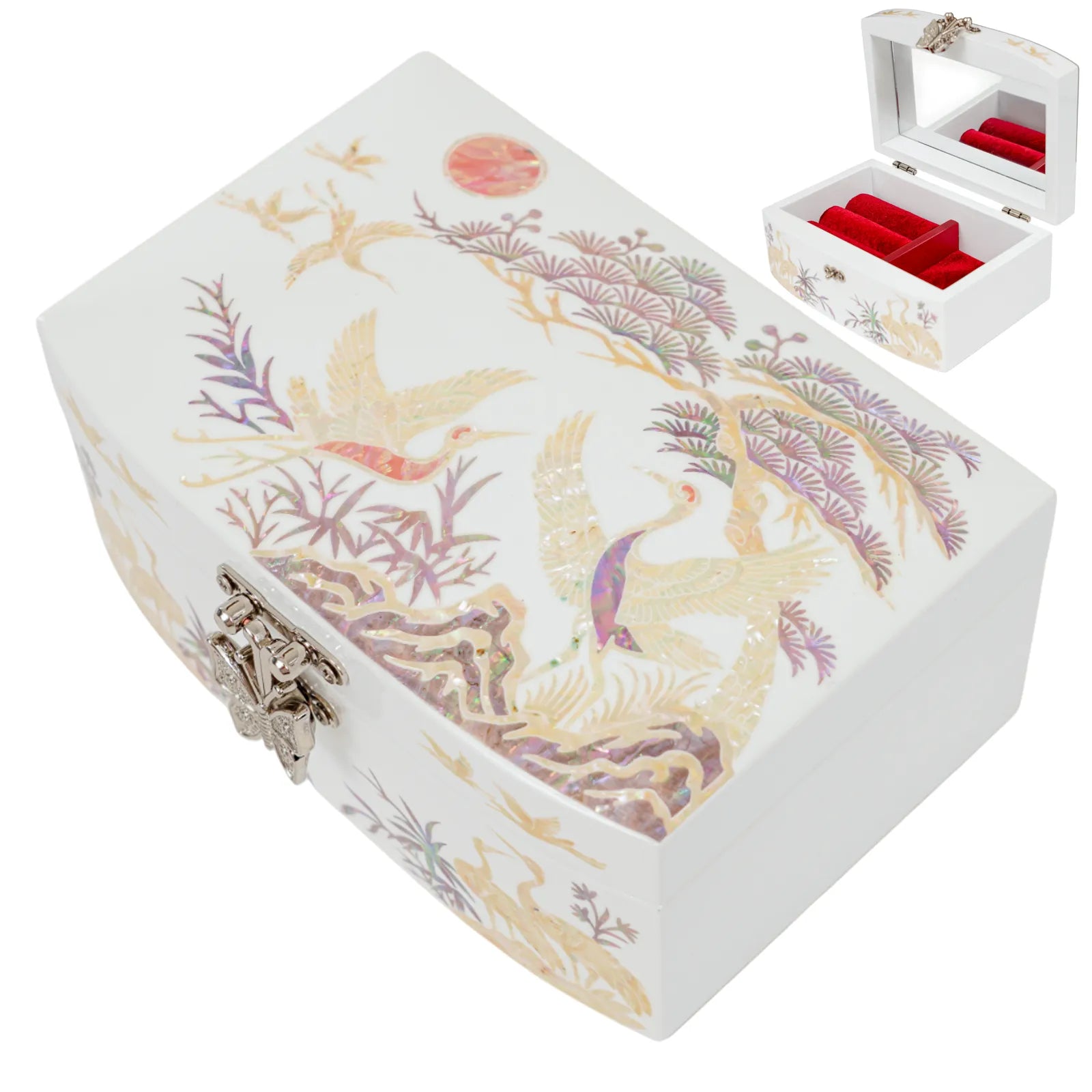 Decorative lacquer box with crane and pine tree design, butterfly clasp, red interior