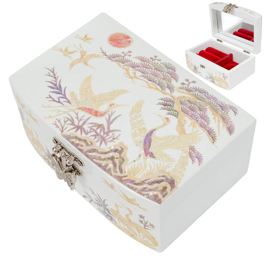 Decorative lacquer box with crane and pine tree design, butterfly clasp, red interior