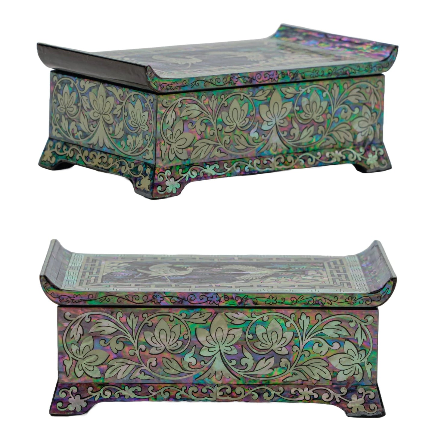 Decorative mother-of-pearl box with intricate floral patterns and a rectangular shape with curved edges