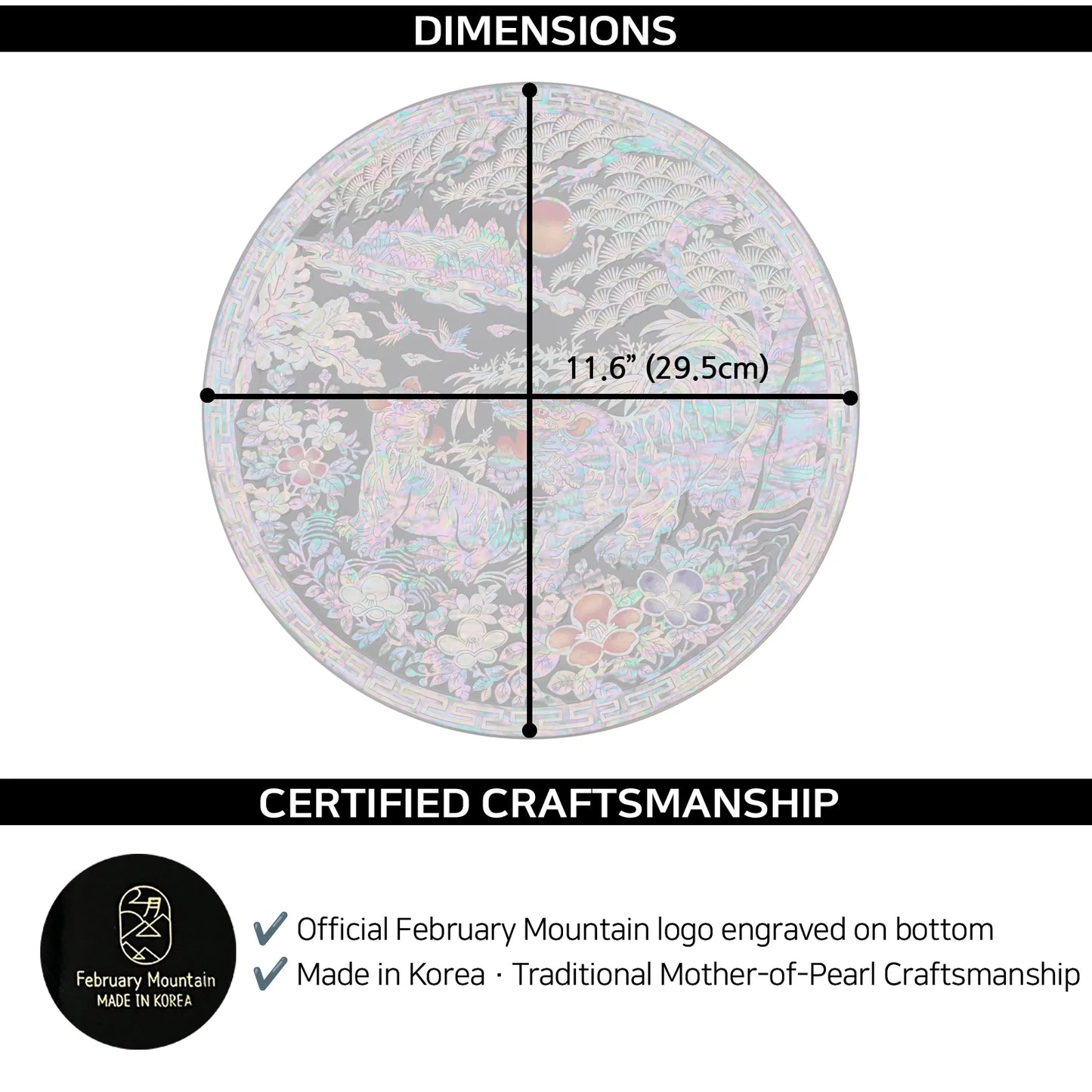 Decorative mother of pearl plate size diagram showing 11.6 inch diameter, handmade in Korea with certified traditional craftsmanship