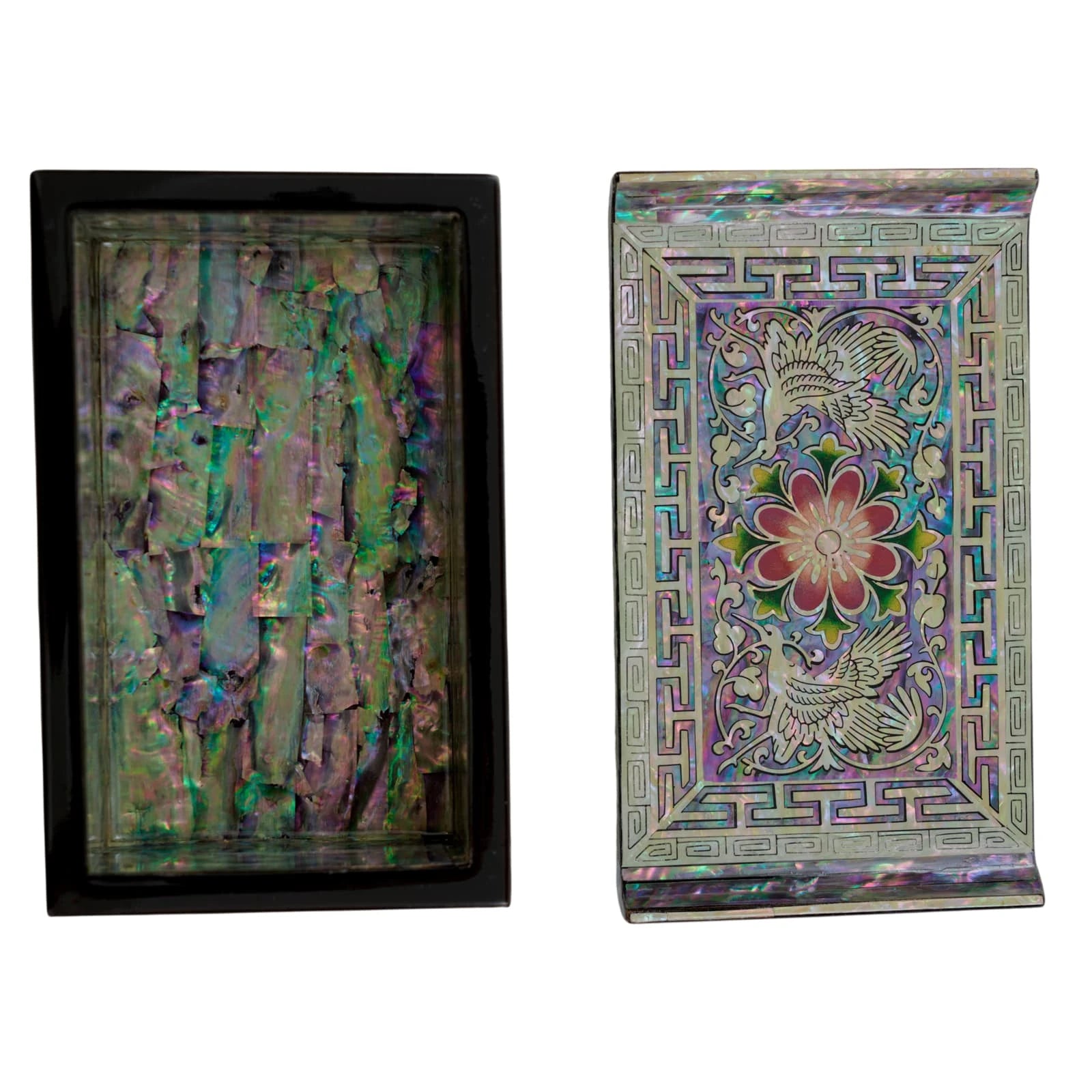 Detached lid and base of a Korean shell box. Shows full interior abalone lining and top crane pattern in mother of pearl