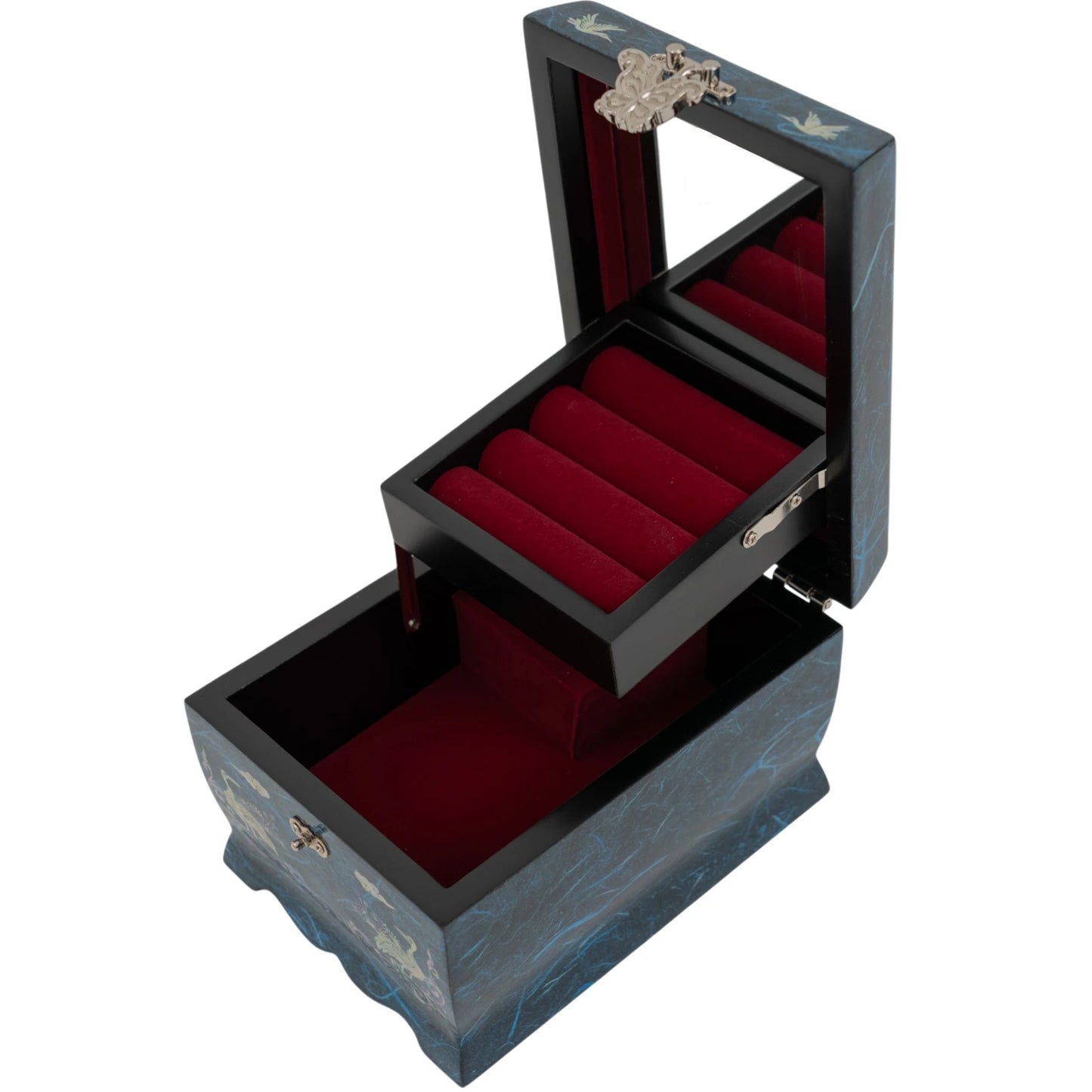 Detailed view of an open blue box with red velvet compartments, a mirror, and elegant mother-of-pearl birds on the lid.
