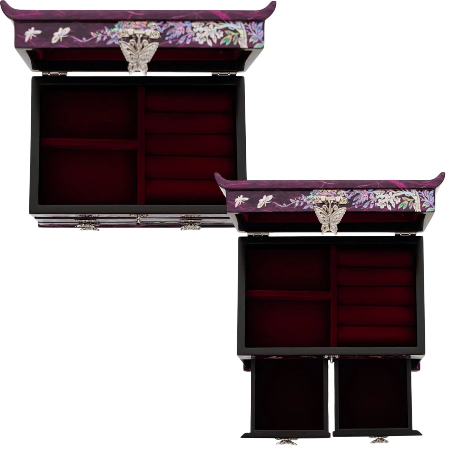 Diagonal view of purple mother-of-pearl jewelry box with open compartments and small inset image