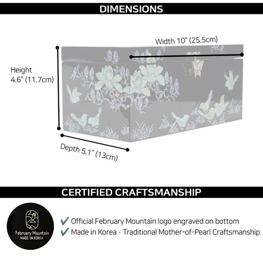 Dimension guide showing 10 in × 5.1 in × 4.6 in tissue box and certified craftsmanship info