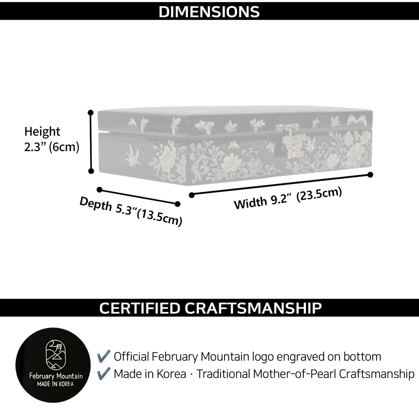 Dimensions chart showing black mother-of-pearl jewelry box size 9.2 x 5.3 x 2.3 inches