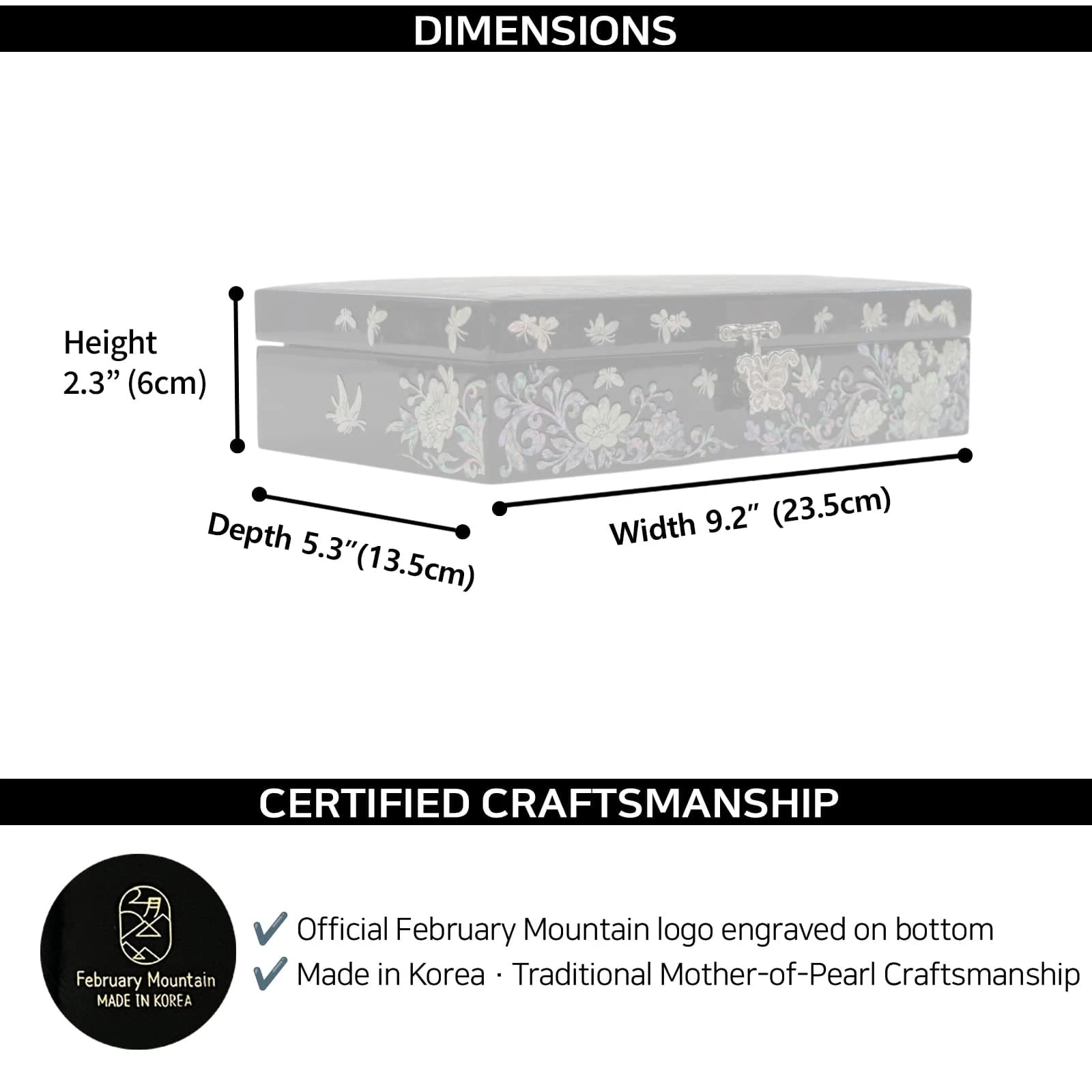 Dimensions chart showing black mother-of-pearl jewelry box size 9.2 x 5.3 x 2.3 inches