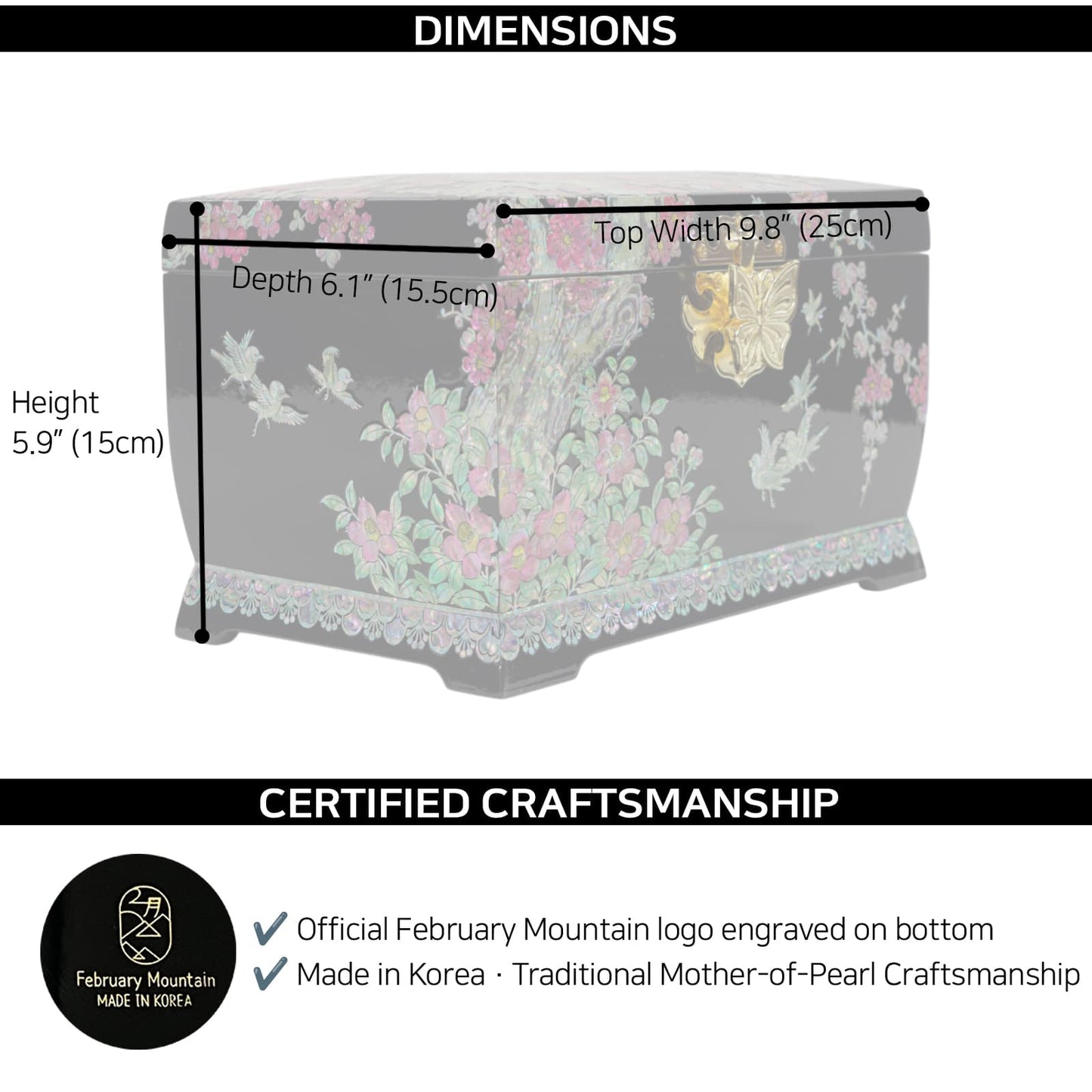 Dimensions of Korean mother-of-pearl jewelry box with February Mountain certification