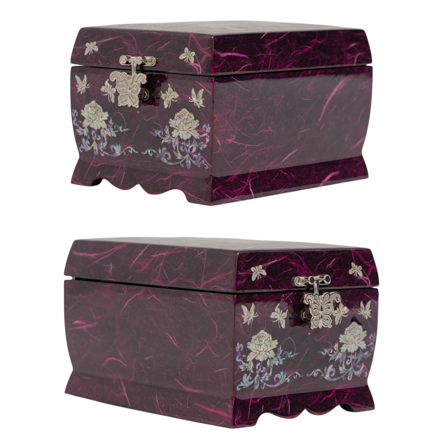Dual perspective of a closed purple Hanji box, highlighting the intricate mother-of-pearl peonies and the unique fibrous paper texture.