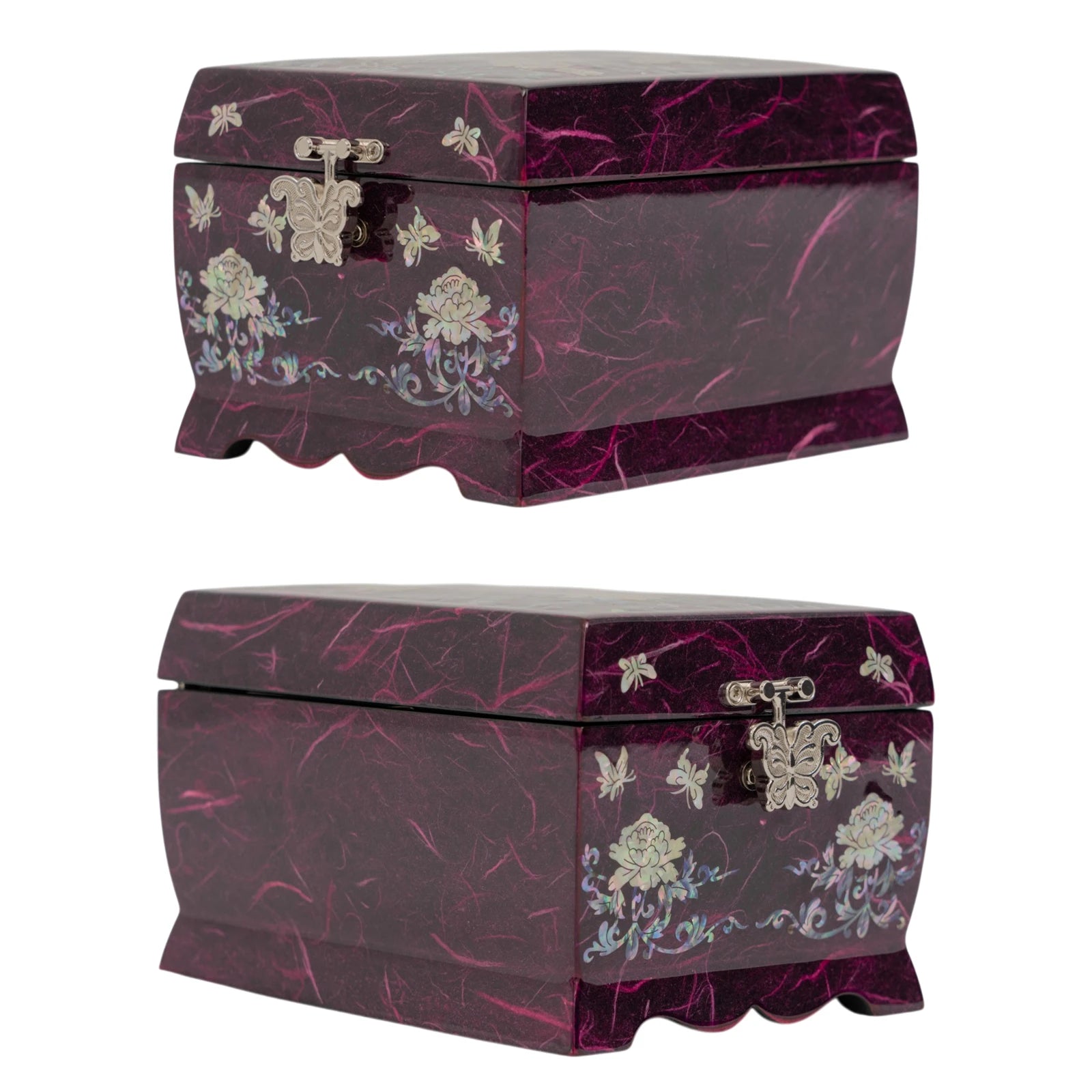 Dual perspective of a closed purple Hanji box, highlighting the intricate mother-of-pearl peonies and the unique fibrous paper texture.