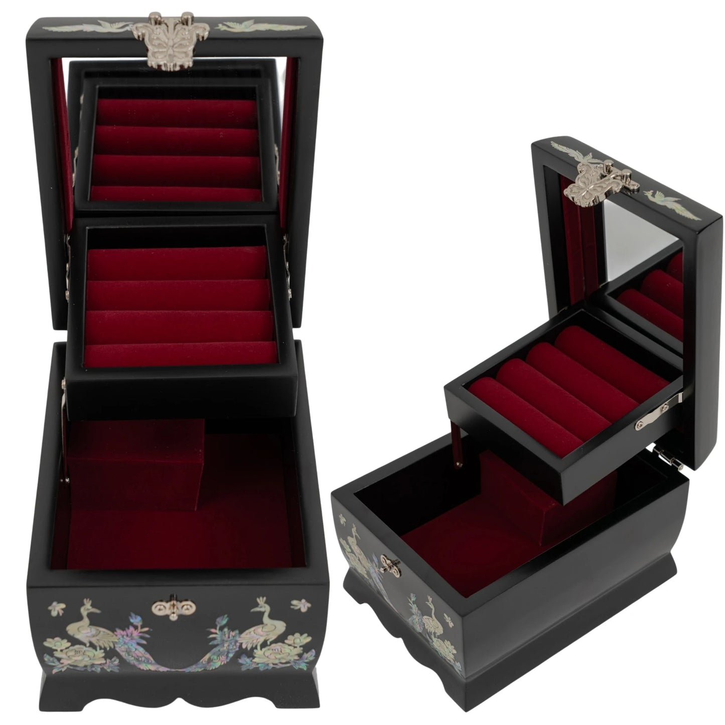 Dual views of an open black jewelry box featuring a red velvet interior, ring holder, mirror, and shimmering mother-of-pearl peacock art.