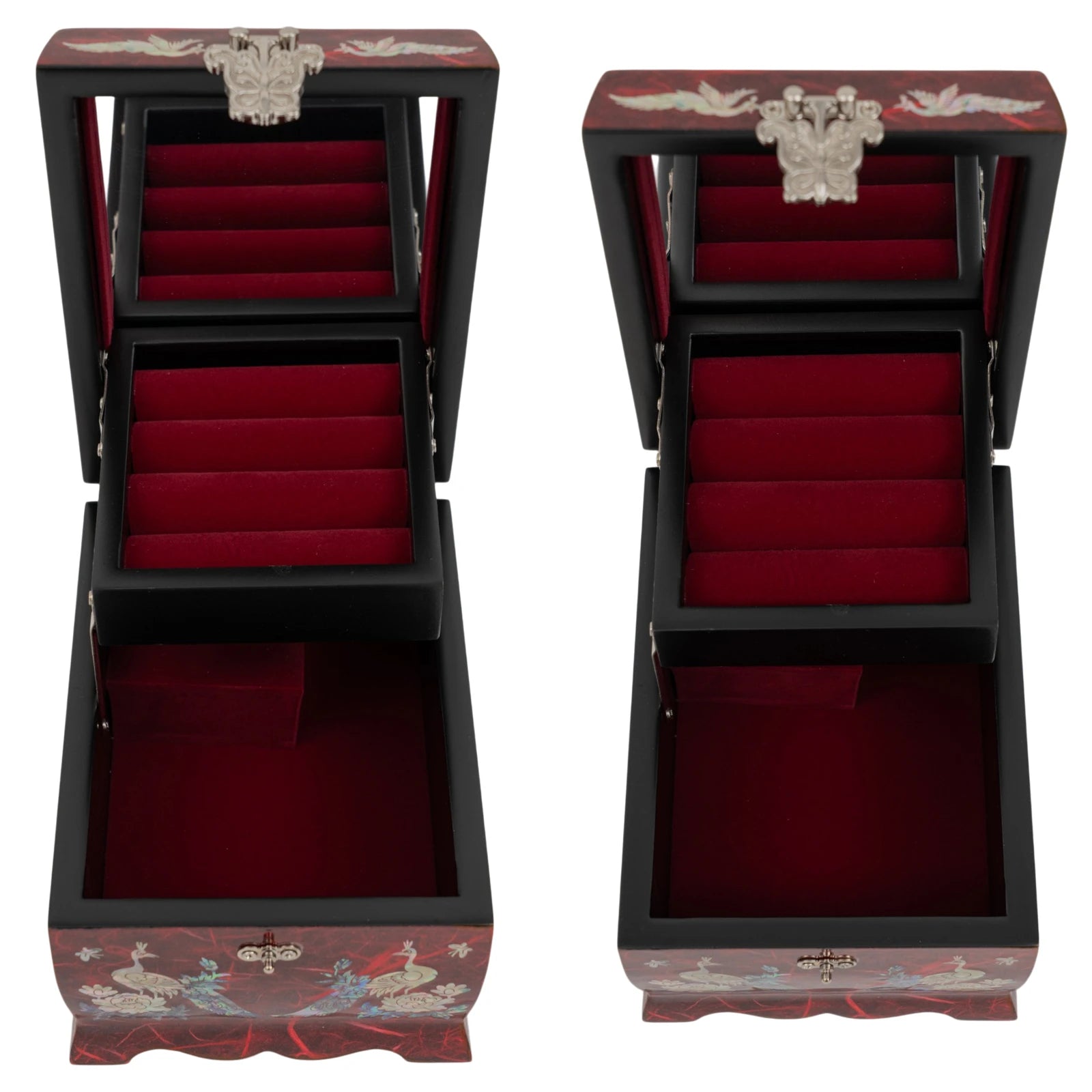 Dual views of an open red jewelry box featuring a red velvet-lined ring tray, internal mirror, and silver butterfly-shaped hardware.