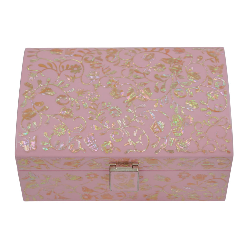 A Baby Pink Mother of Pearl Wooden Box with intricate floral and swirling patterns crafted from mother of pearl inlays on a gentle pink background