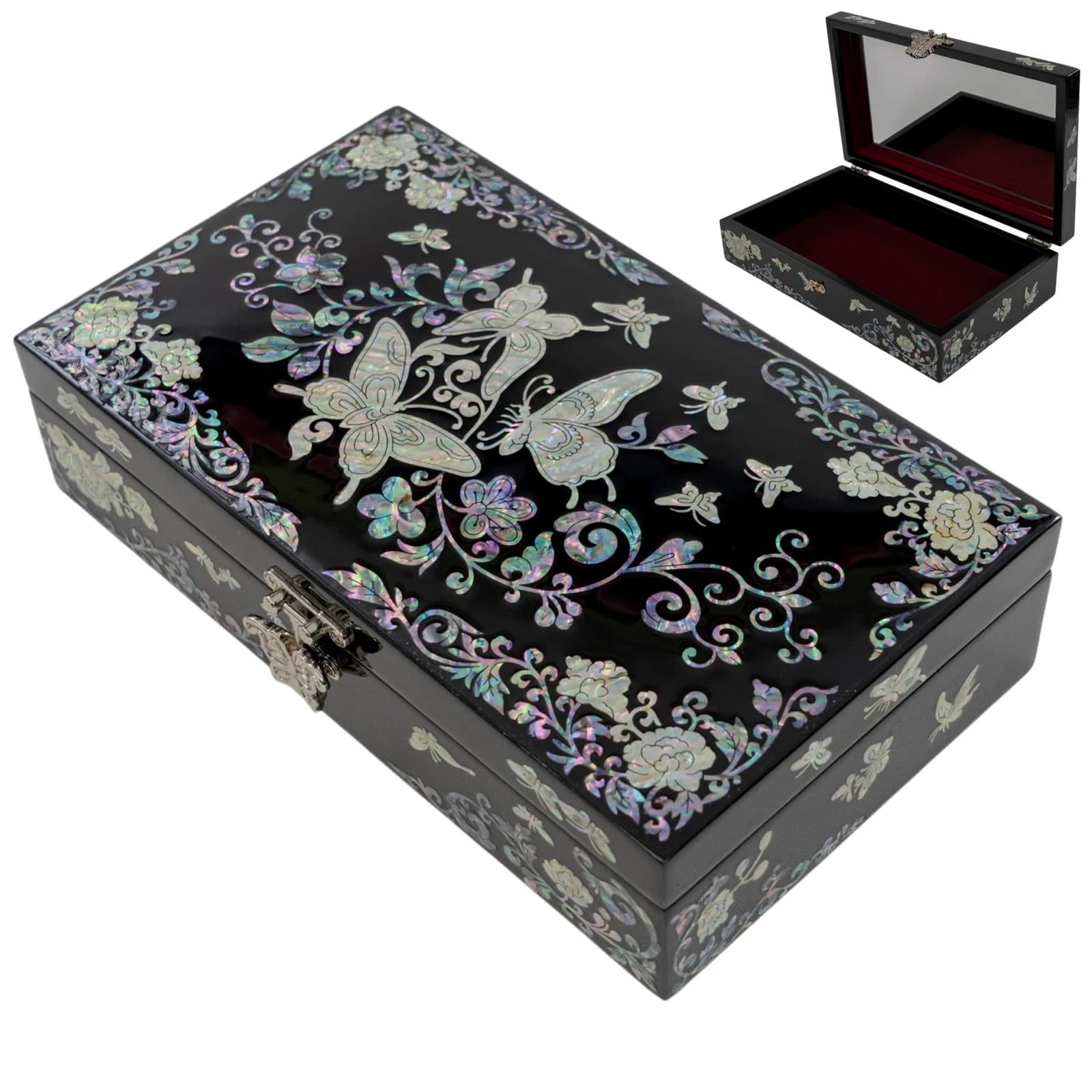 Elegant black jewelry box with mother-of-pearl butterflies, flowers, and decorative vine inlay