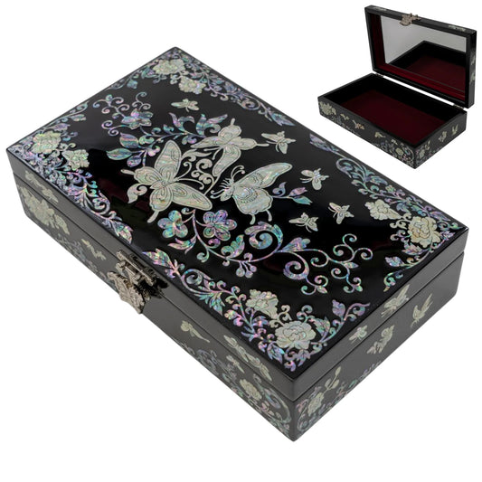 Elegant black jewelry box with mother-of-pearl butterflies, flowers, and decorative vine inlay