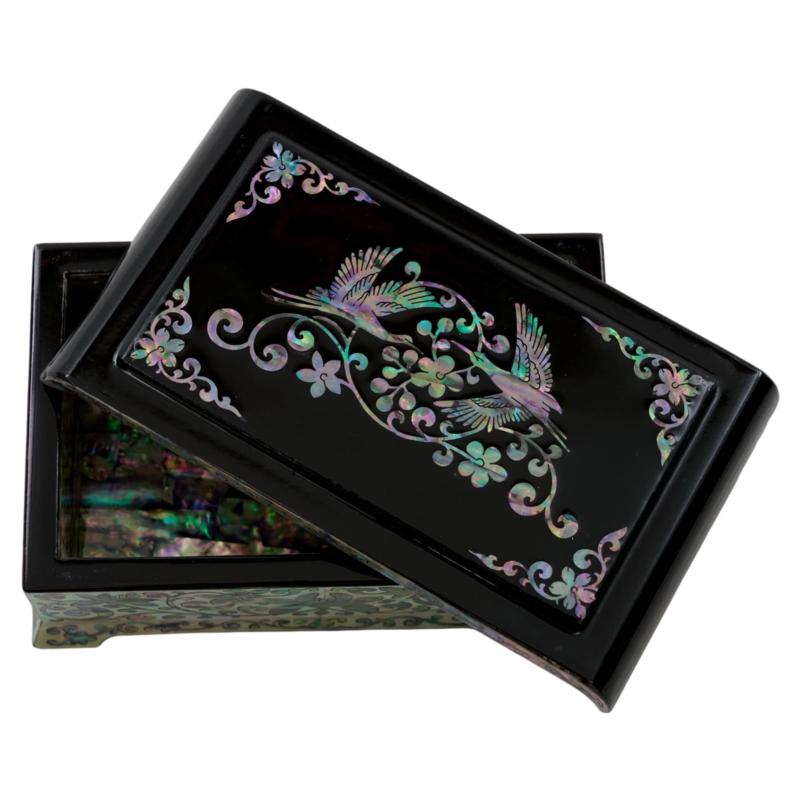Elegant black lacquer jewelry box with flying crane mother of pearl design. Traditional Korean Najeon-chilgi craftsmanship for jewelry storage
