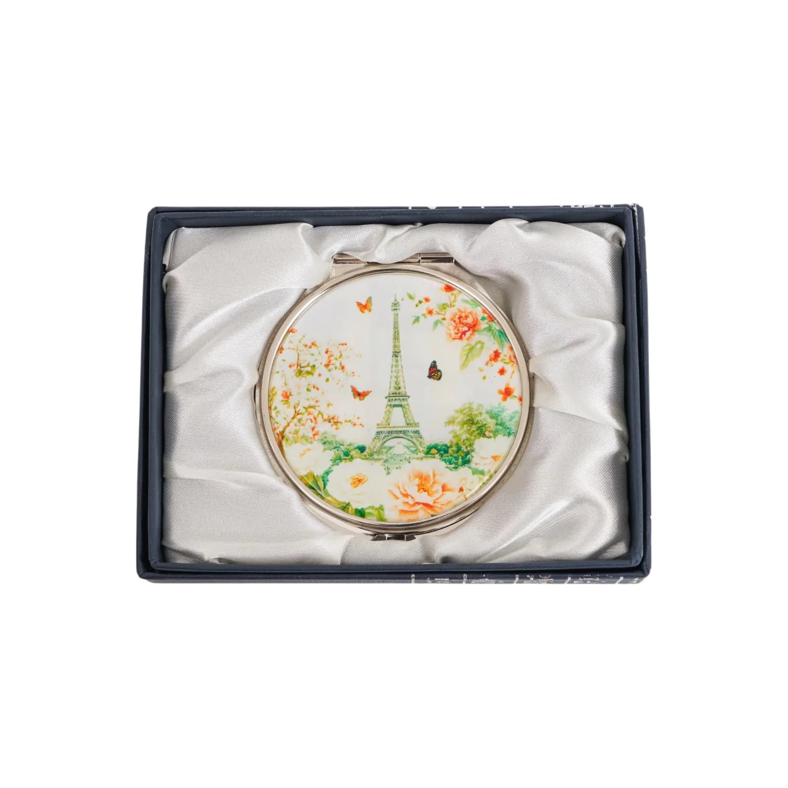 Elegant compact mirror featuring Eiffel Tower, butterflies, and flowers, nestled in a satin-lined gift box