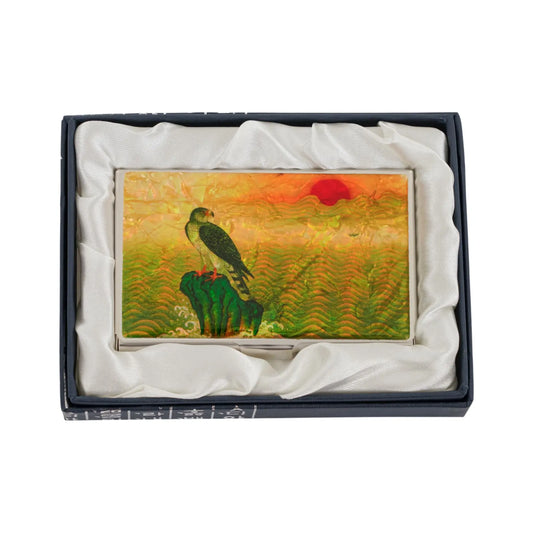 Falcon-themed mother-of-pearl card case in satin-lined gift box