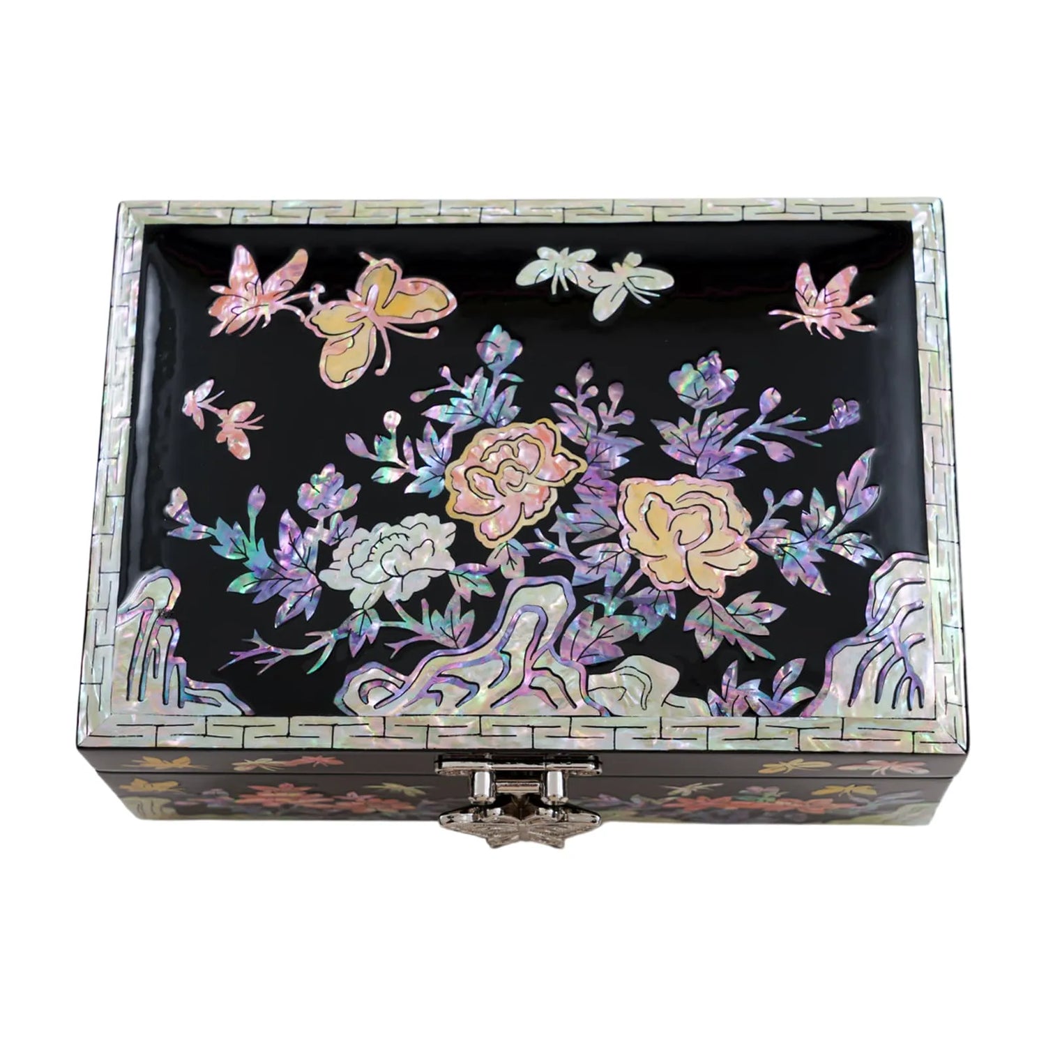 Floral mother-of-pearl box with butterflies and peonies on a glossy black lid