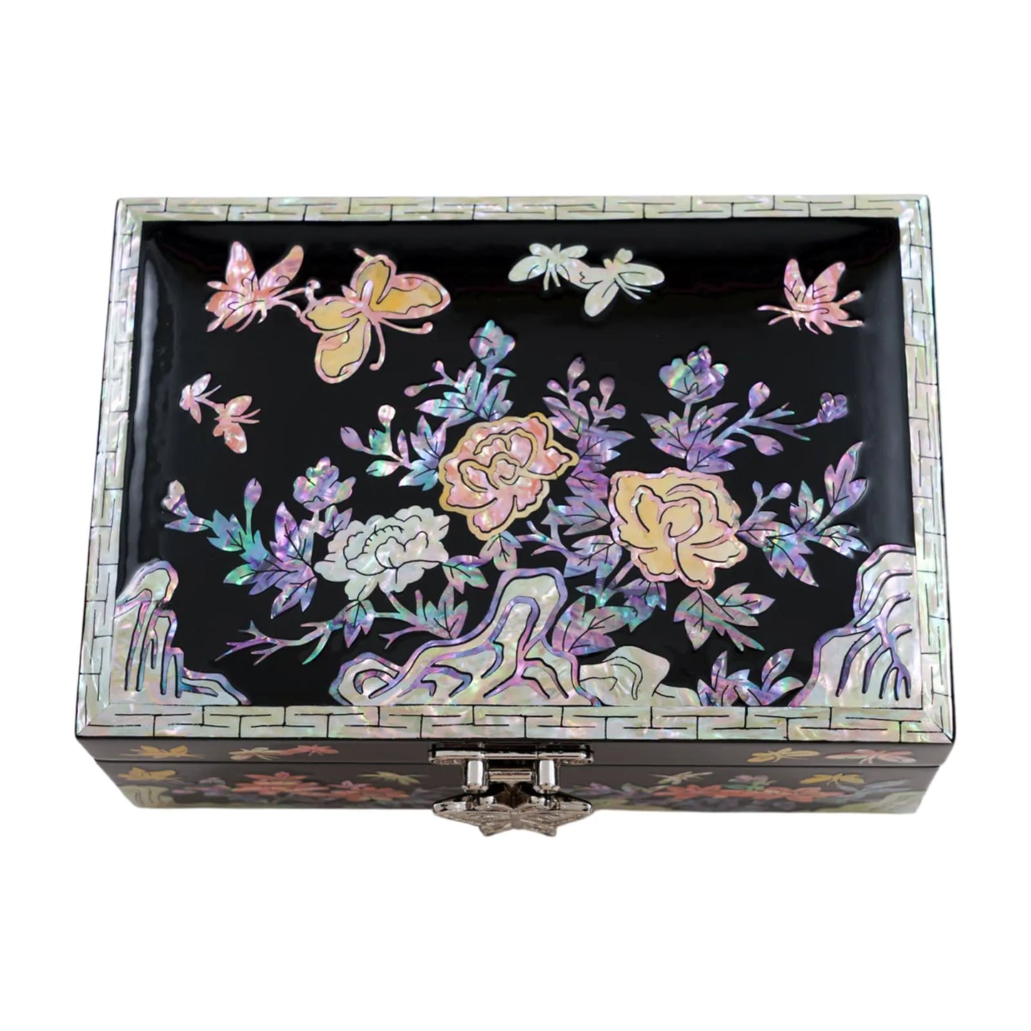 Floral mother-of-pearl box with butterflies and peonies on a glossy black lid
