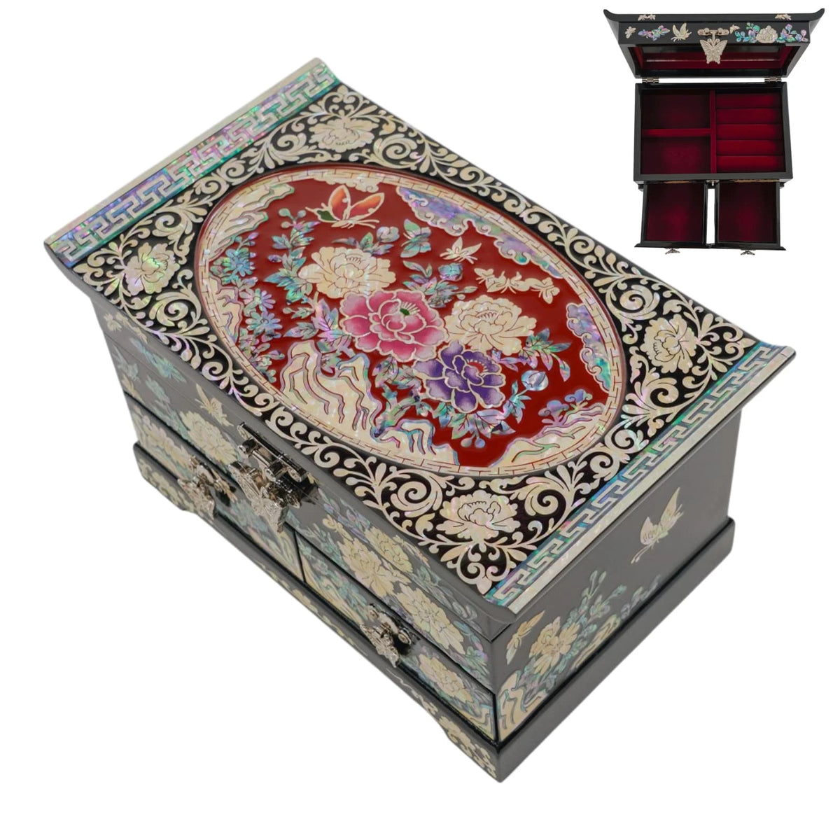Floral mother of pearl jewelry box, red oval peony and butterfly inlay, 2 drawers, inset interior