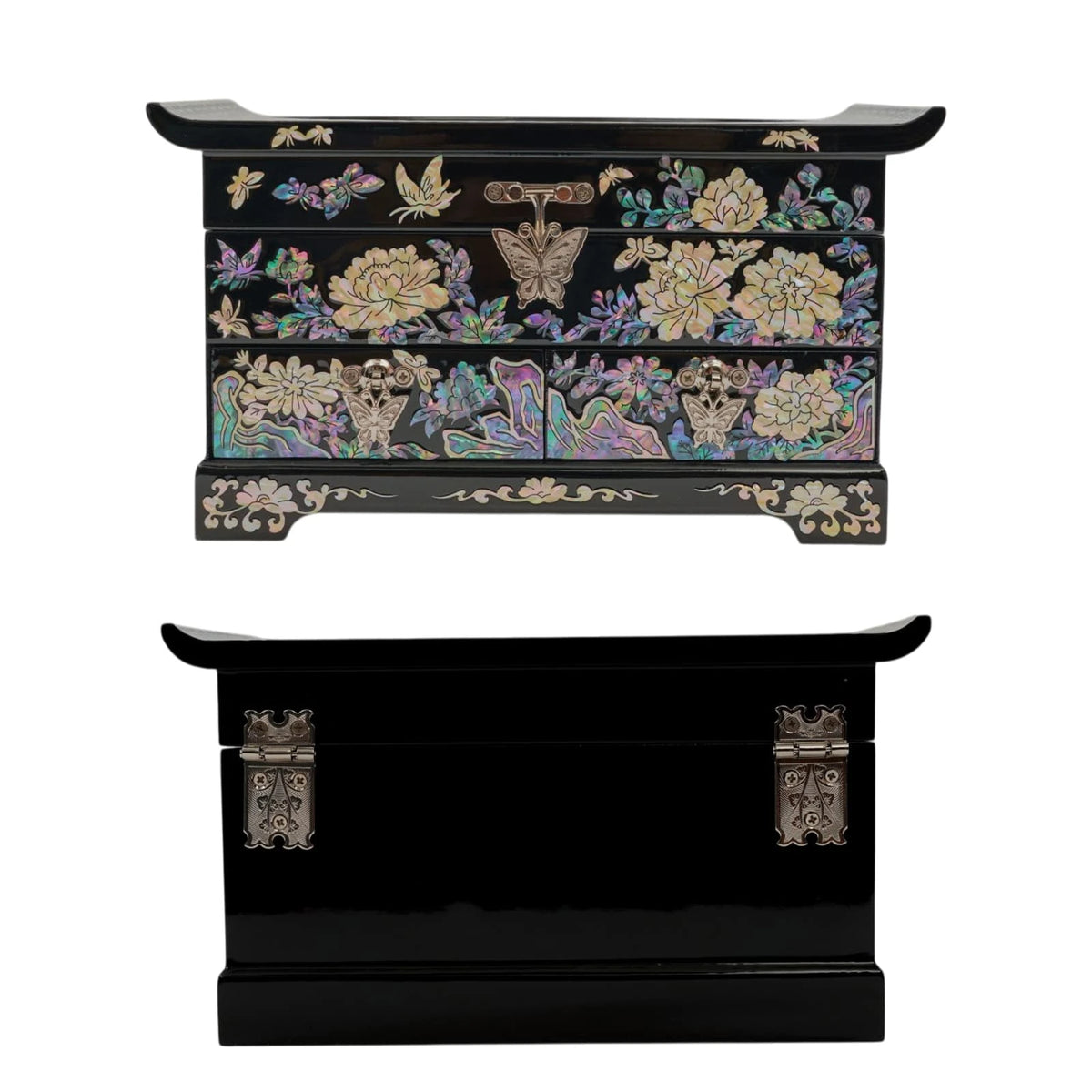 Floral mother of pearl jewelry box front and back view, 2 drawers with butterfly pulls and hinges