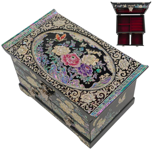 Floral mother of pearl jewelry box with 2 drawers, black oval peony inlay, inset showing interior
