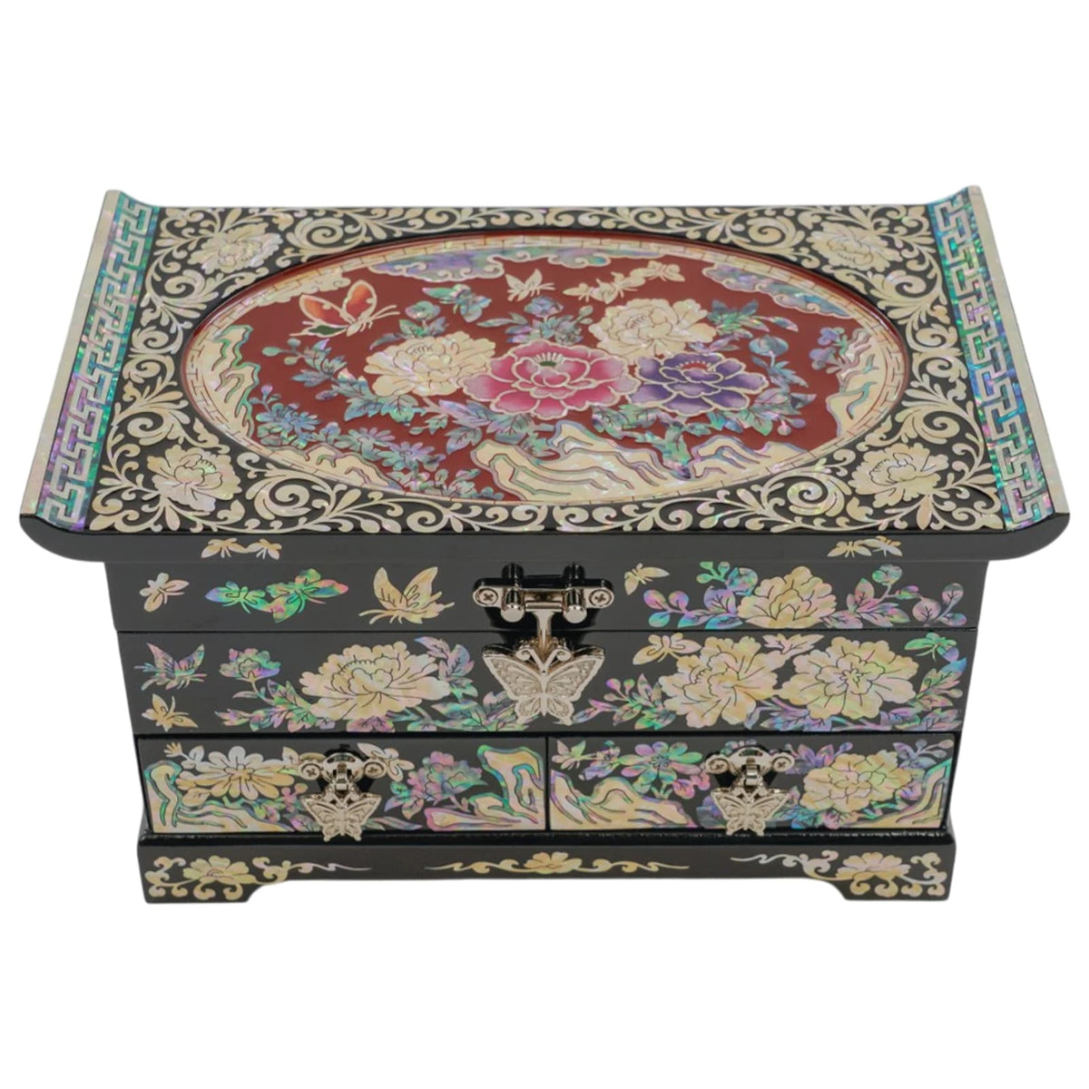 Floral mother of pearl jewelry box with 2 drawers, red oval peony and butterfly inlay, front view