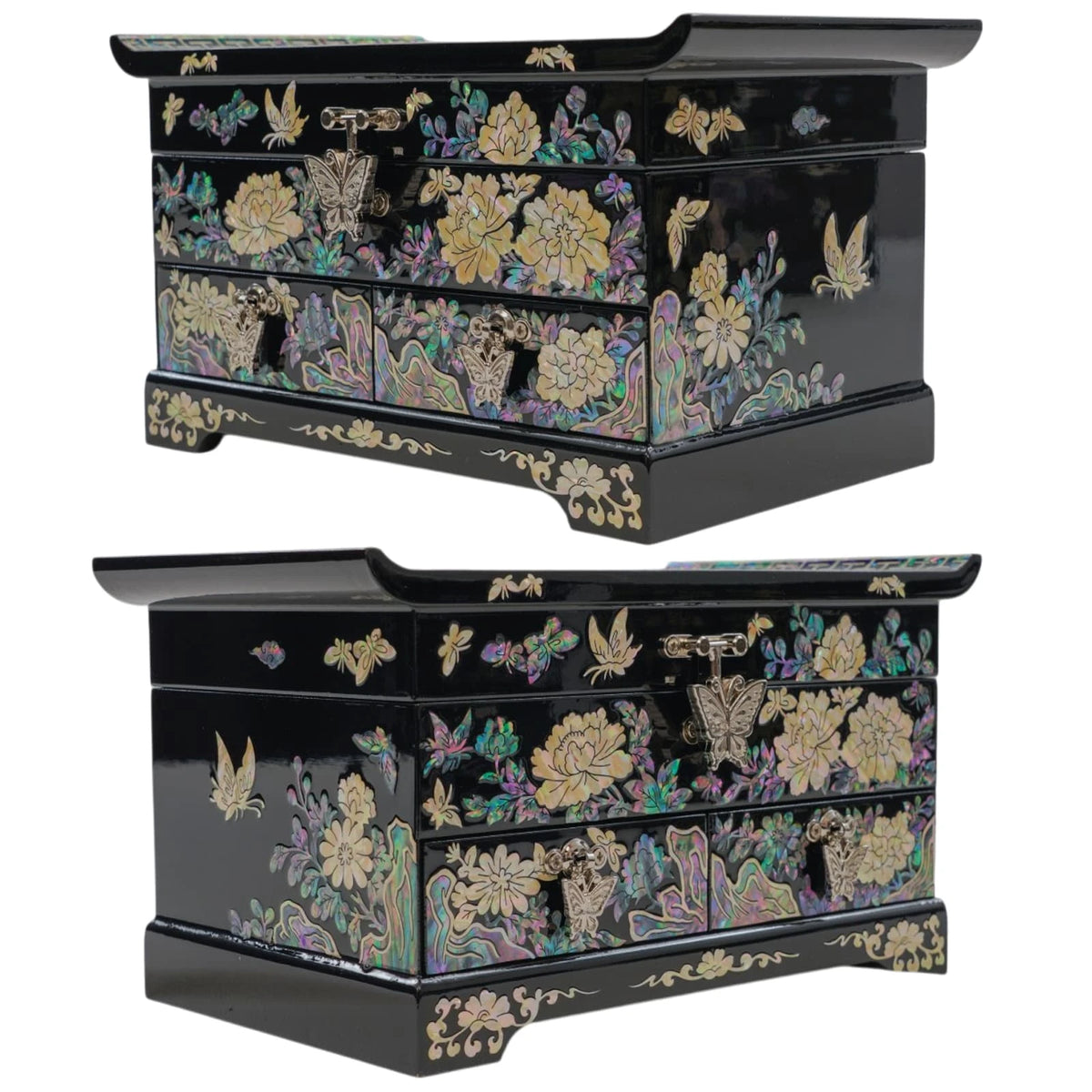 Floral mother of pearl jewelry box with 2 drawers, side views of peony inlay and butterfly pulls