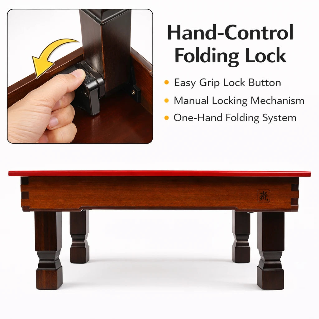 Folding Korean floor table with hand-control lock. Portable wooden Soban featuring easy-grip button and manual locking mechanism