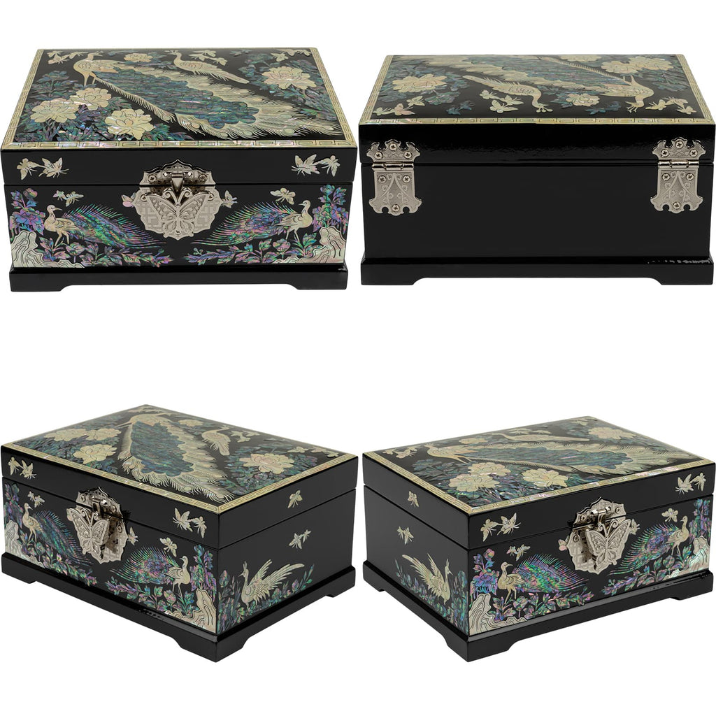 Four views of a black Mother of Pearl jewelry box showcasing various angles, each highlighting the intricate bird and floral inlays and detailed metallic closures.