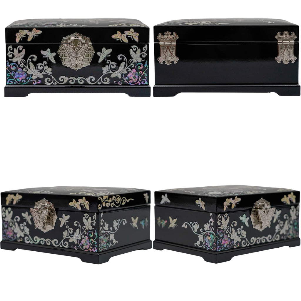 Four views of a black jewelry box with mother-of-pearl inlay depicting butterflies and florals, featuring ornate metal clasps on the lid and front.
